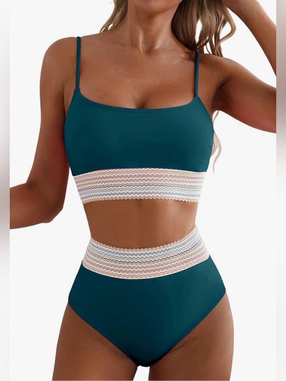 0058: Sea Green High-Waist Two-Piece Swim Set with Decorative Waistband size 2XL